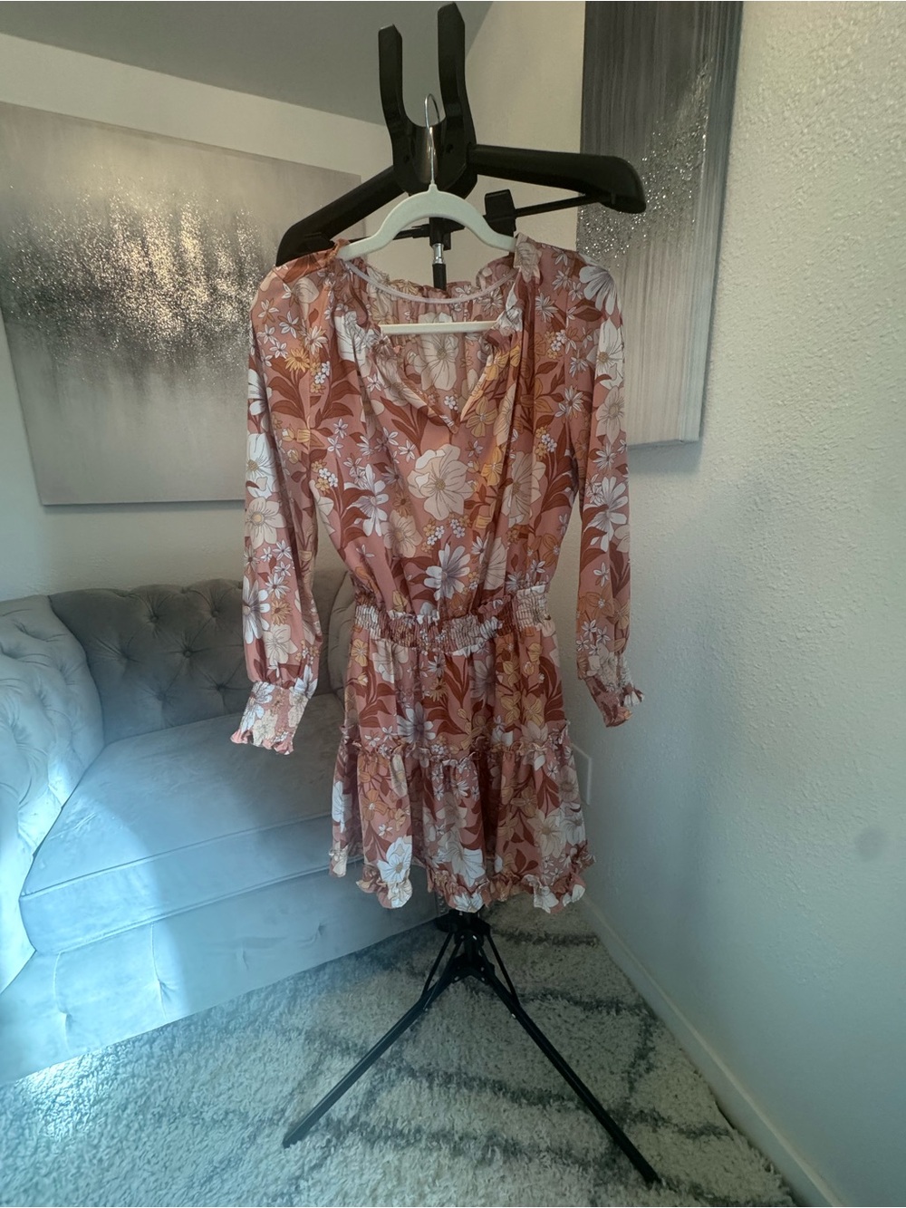 Floral Tiered Long-Sleeve Dress - Dusty Rose